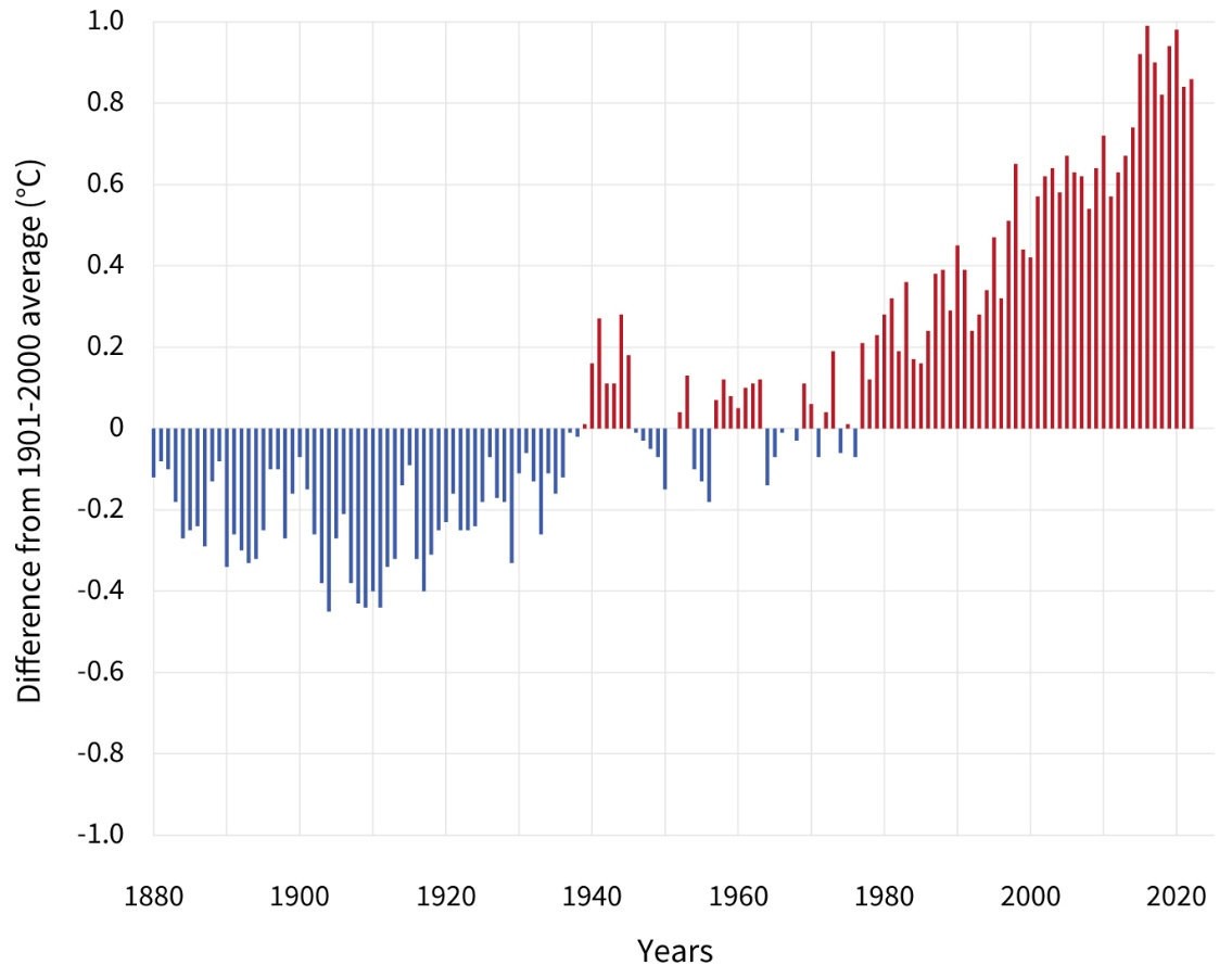 Abbildung 5: Globale gemittelte Oberflächentemperatur. Quelle: National Center for Environmental Information (NCEI)